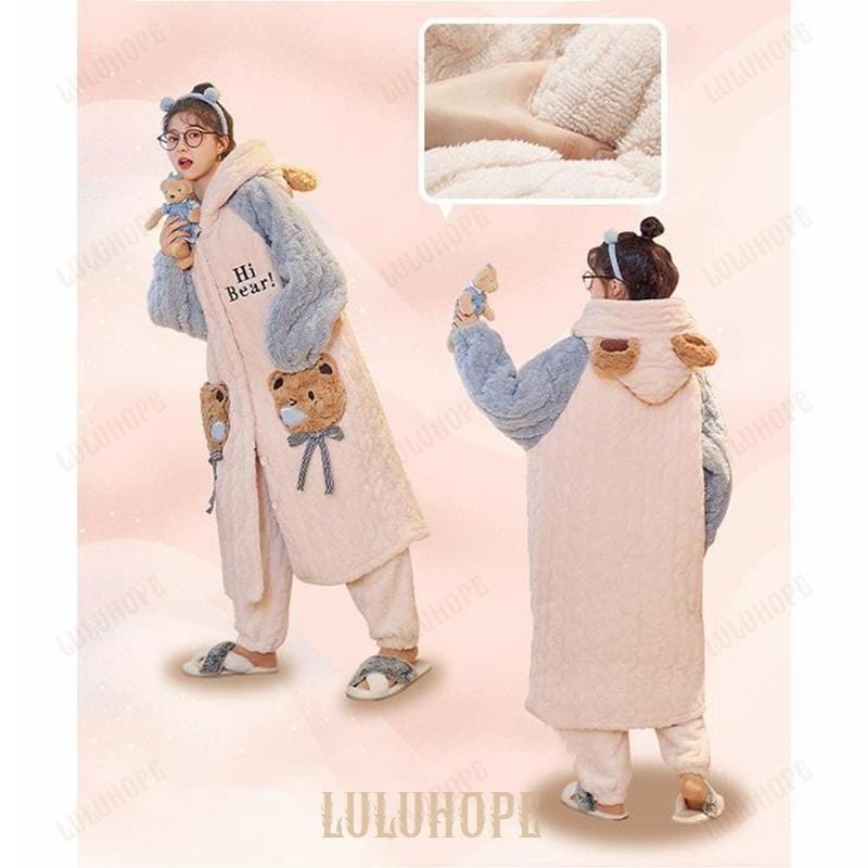 パジャマ もこもこ 熊柄 パジャマ 冬 長袖 ナイトガウン 着る毛布 前開き フード付き 寝巻き 部屋着 暖かい あったか 着ぐるみ レディース 女性 ガウン