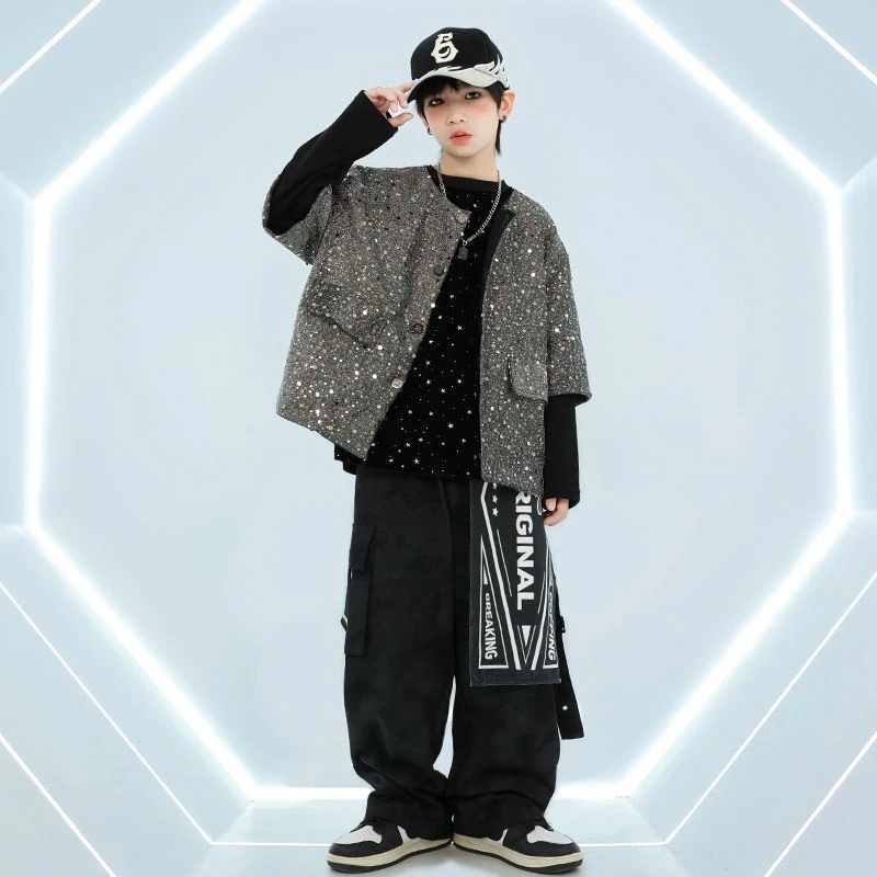 子供の街のダンスの元旦の潮服の男の子の出演服のスパンコールのベストのスーツの子供のhiphopのヒップホップのショーの子供服