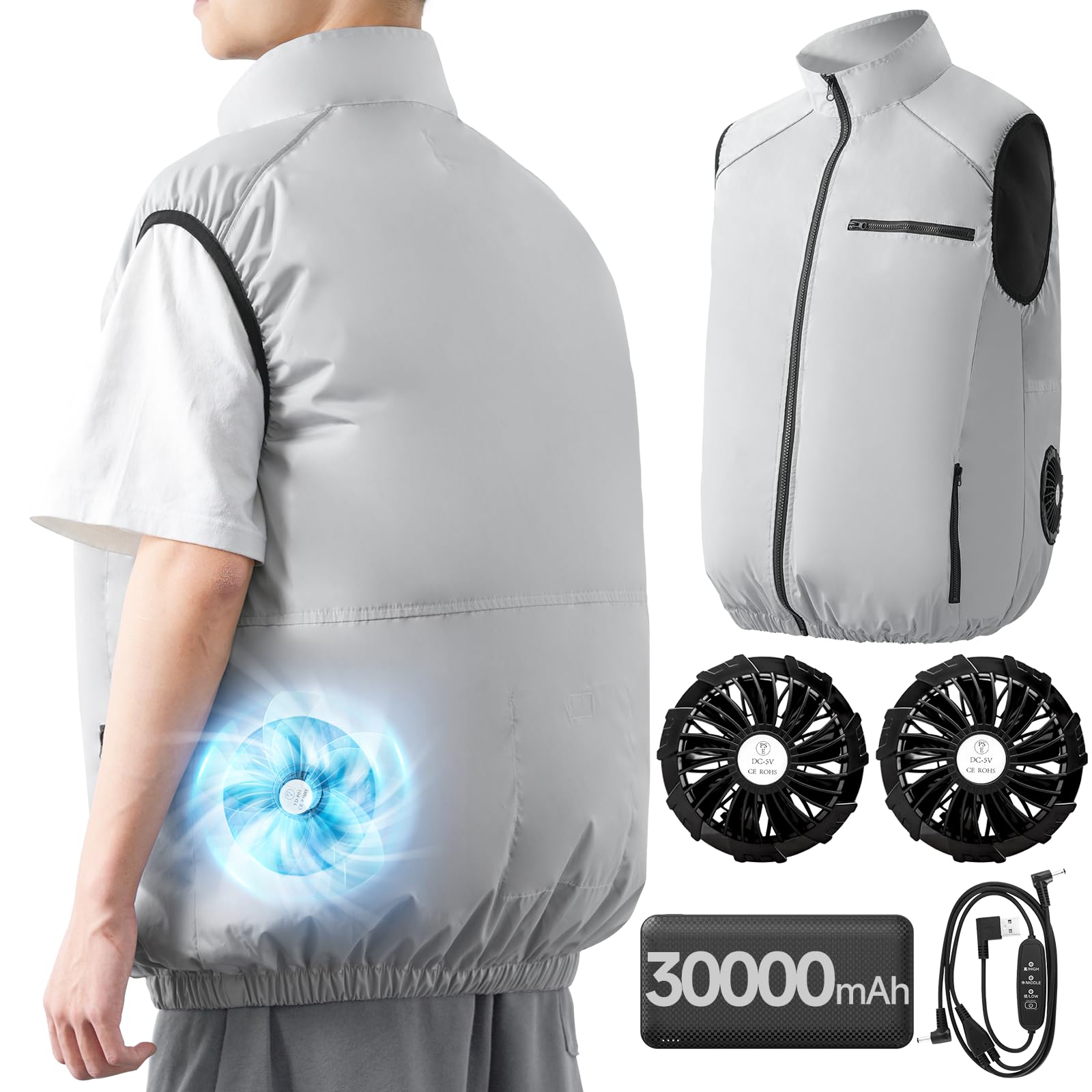 [TIWOUN] 空調作業服 ベスト ファン 30000mAh大容量バッテリー 付き 空調ウェア 作業服 冷却服 3D循環送風 3段階風量調節可 軽量 通気 M-2XLサイズ 最大24時間送風 UVカ