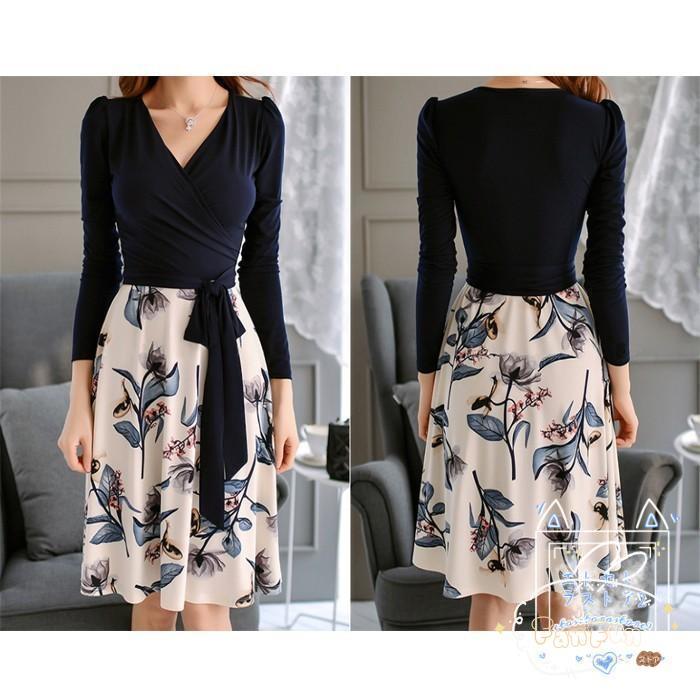 カシュクールワンピース 花柄 膝丈 バイカラー 上品 きれいめ 春 夏 ハイウエスト Vネック 細身