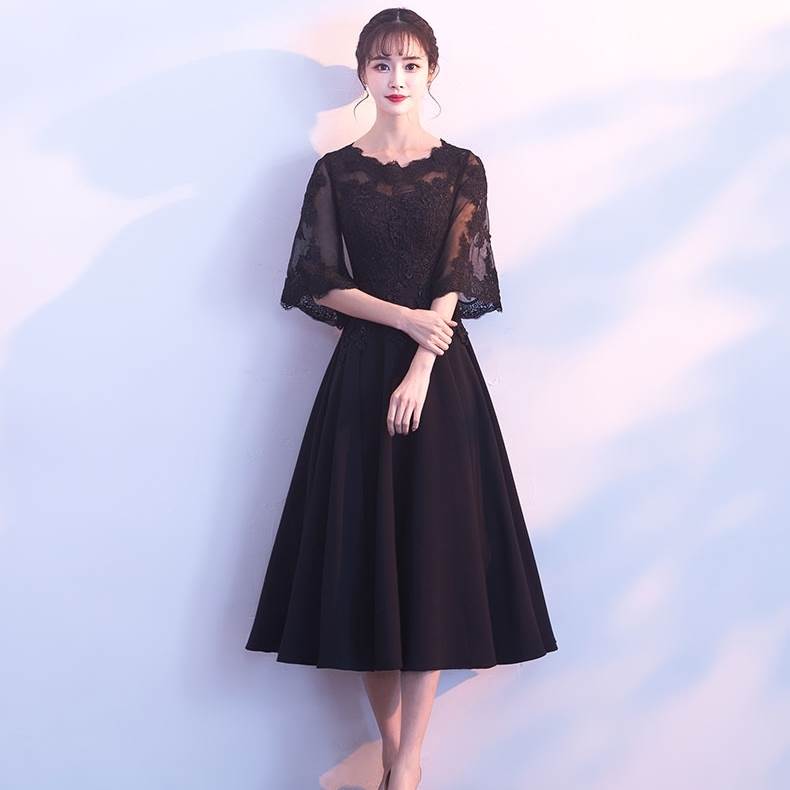 パーティードレス ミモレ丈 袖あり 黒 個性的 結婚式 二次会 お呼ばれ ドレス フォーマル 演奏会 ピアノ イベント お呼ばれ パーティー 舞台 モデル 衣装 撮影 発表会 大人 ワンピース かわい