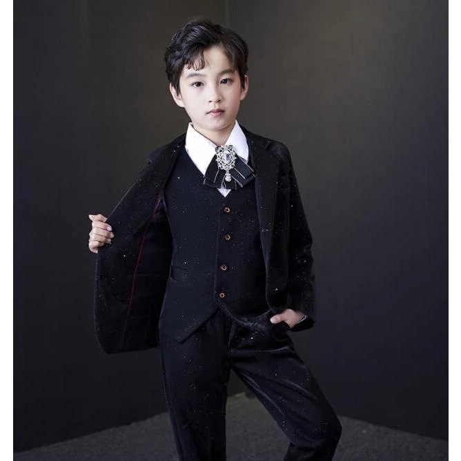 子供 礼服 3点セット 男の子 王子様 スーツセット フォマールウェア キッズ 紳士服 おしゃれ 暗色 ラメ入り 星空イメージ 結婚式 パーティー 発表会 演奏会 ステ30%までに制限