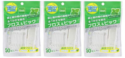 他サイト： Clesh キシリトール フロス&ピック ミントフレーバー50本×3個パックの商品画像