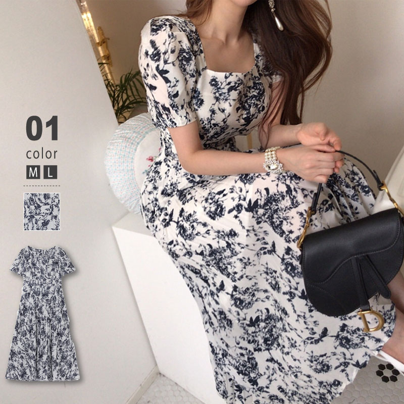 【OUTLET！クーポンで2,648円】 ワンピース パフスリーブ ロングワンピース レディース 花柄 半袖 プリーツワンピース シフォン ロング クエアネック ハイウエスト 細見え 薄手 柄 きれい
