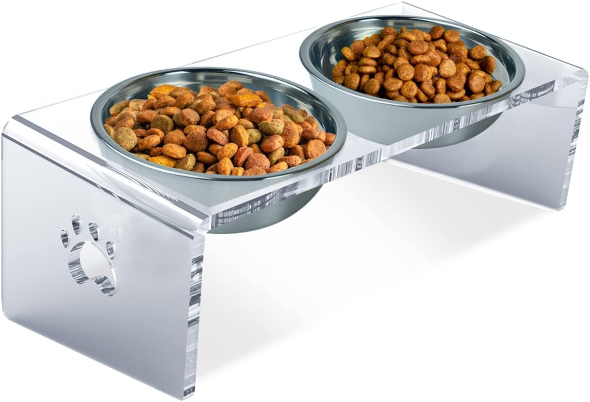 15度角度付きアクリル製ペットフードボウルスタンド 取り外し可能なステンレスボウルセット 食器と水入れ用