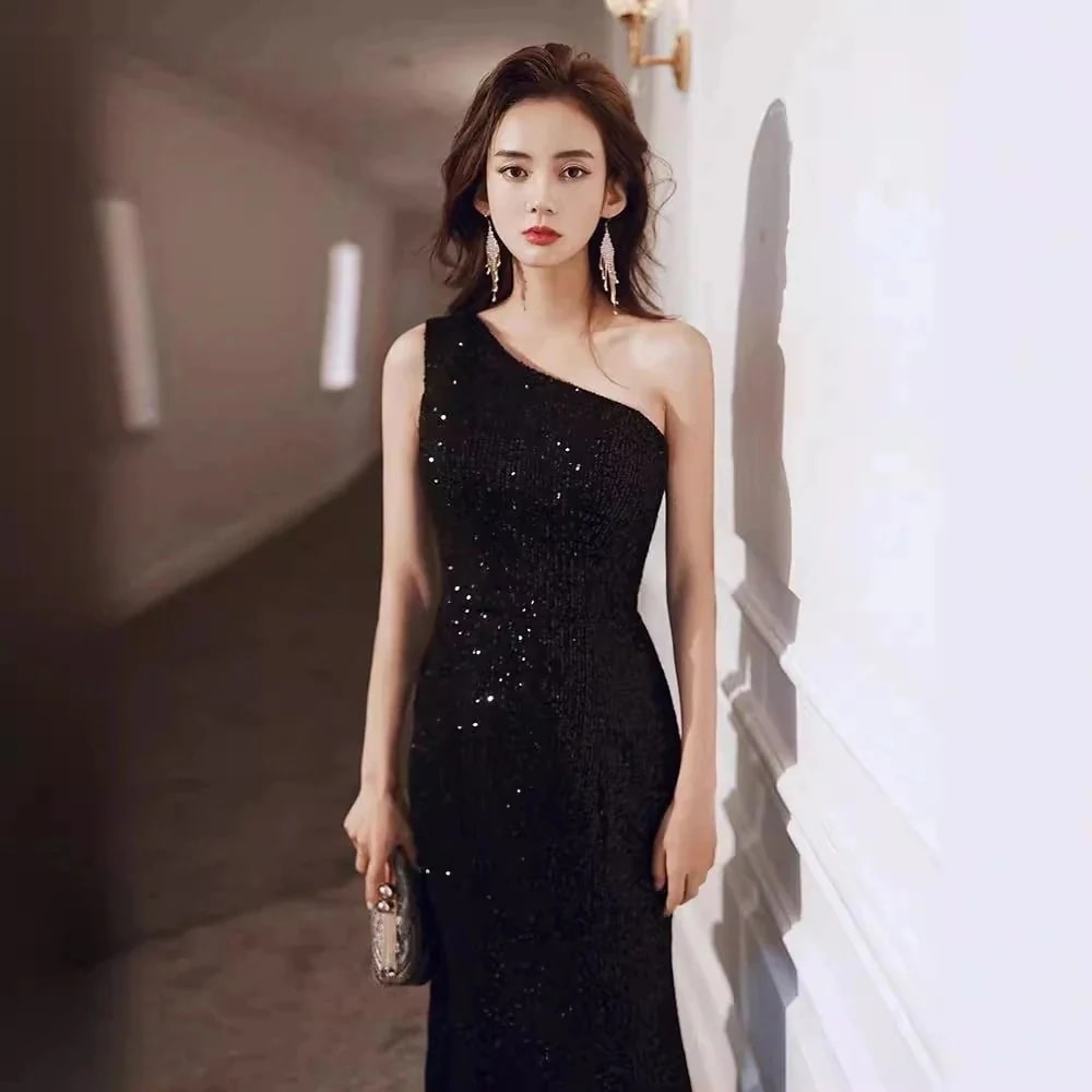 ファッション ドレス 感 気質 ブラック フィッシュテール 結婚式ワンピース ロングドレス フィッシュテールロングワンピース