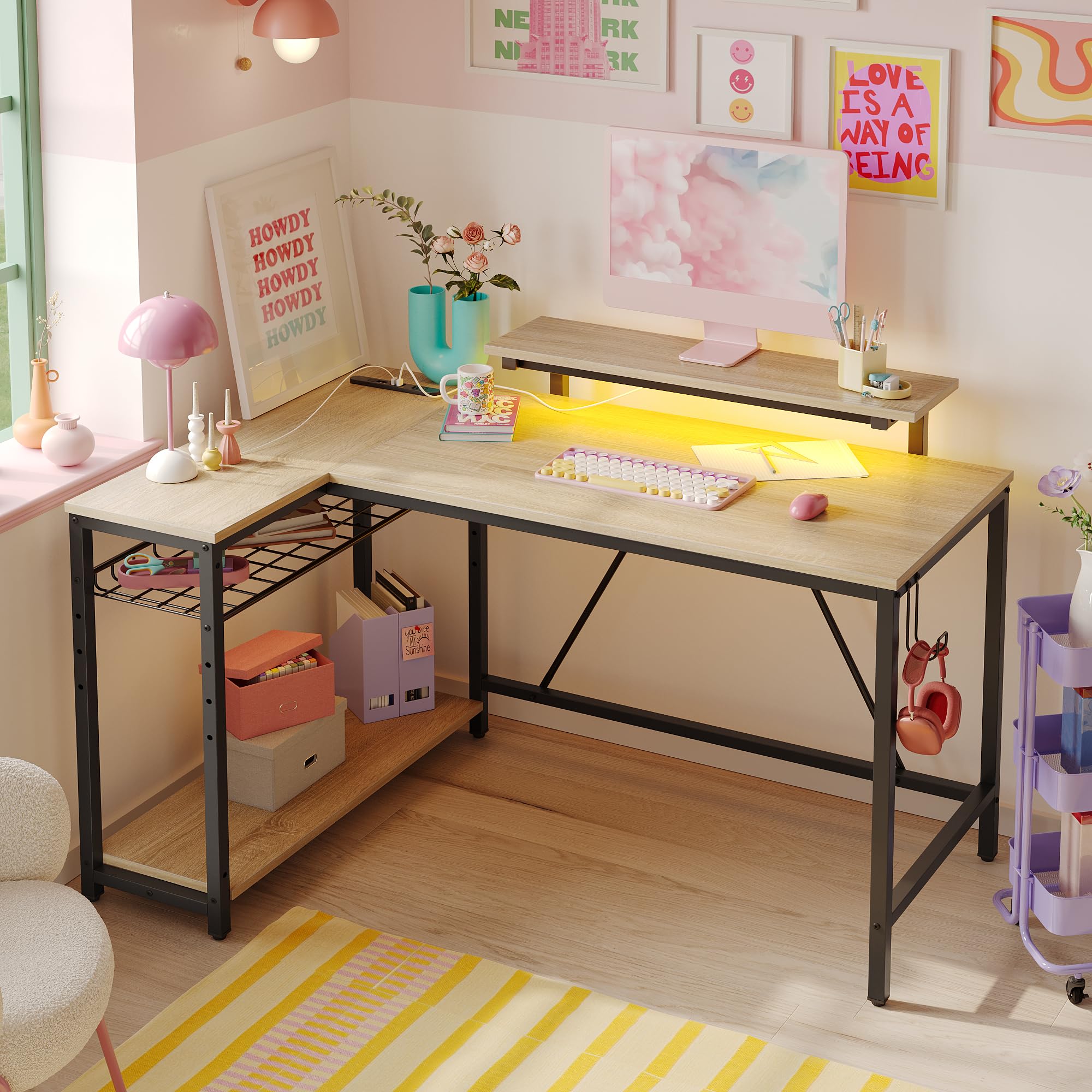 字デスク パソコンデスク 幅122cm ゲーミングデスク コンセント&LEDライト付き 机 pcデスク コーナーデスク 収納ラック付き 棚板高さ調節可能 モニター台付き 勉強机 作 19877 13,542円