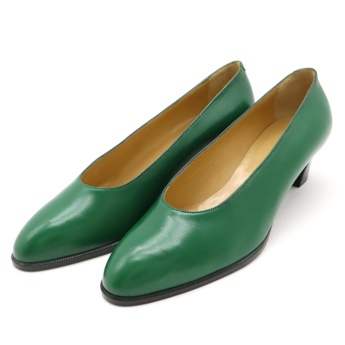 パンプス ローヒール Hロゴ パンチング レザー グリーン 緑 #36 1/2 日本サイズ約23.5c