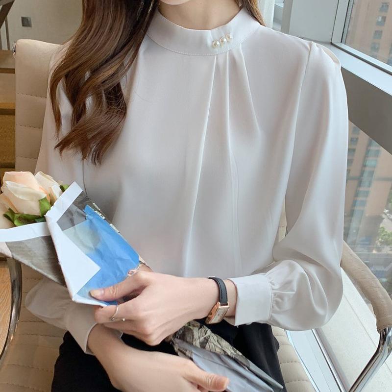 ブラウス 長袖 レディース 立ち襟 フリル フォーマル オフィス シフォン ラッフルブラウス ラッフル トップス tops 薄手 ボリューム袖 パフスリーブ カジュ