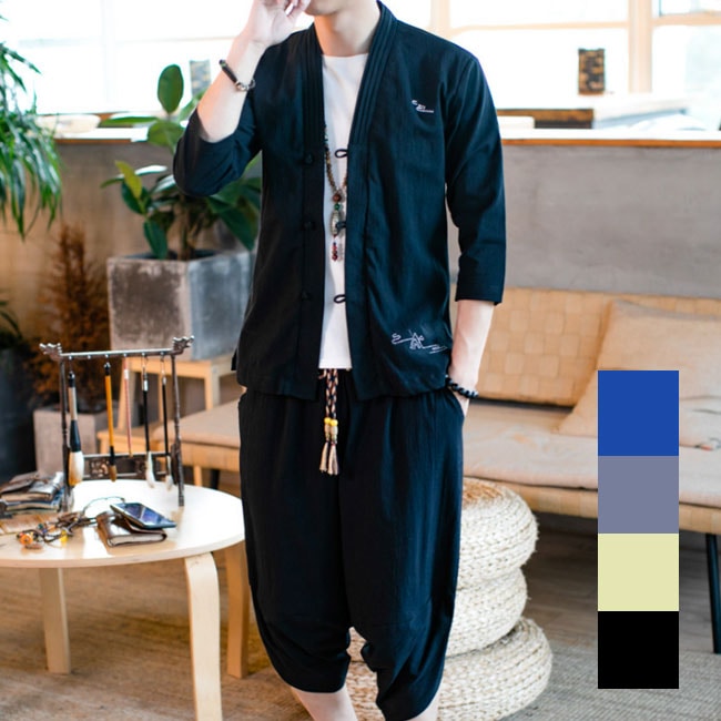綿麻上下セットアップメンズ前開2点セットTシャツサルエルパンツ綿麻部屋着ルームウェア
