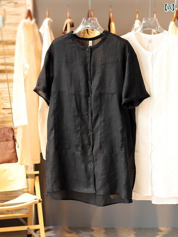 レディース　　シャツ　トップス夏 カジュアル リネン ミドル 丈 無地 レトロ スリット シングルブレスト シャツ サイド ポケット