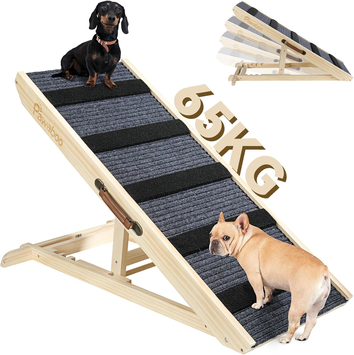 木製ペットスロープ 高さ57cm 幅40cm 4段調節可能 滑り止め付き 小型犬から大型犬まで対応 組立簡単で持ち運びしやすい