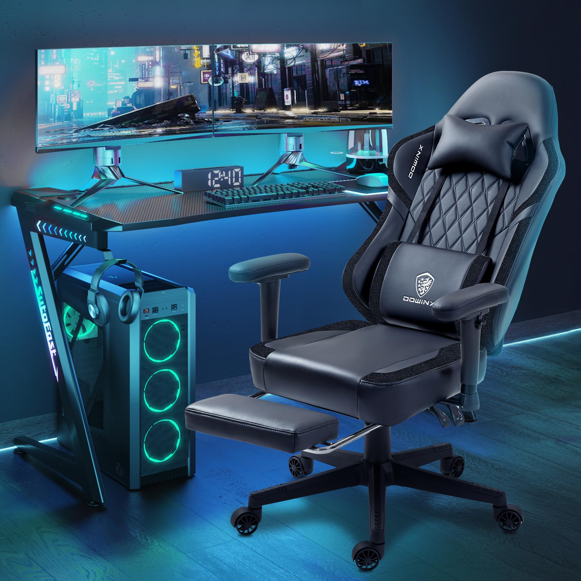 ゲーミングチェア 幅広座面 オフィスチェア 椅子 テレワーク 疲れない 収納ポケット オットマン ポケットコイル 145リクライニング イス PUレザー チェア ソファーの座り心 30978