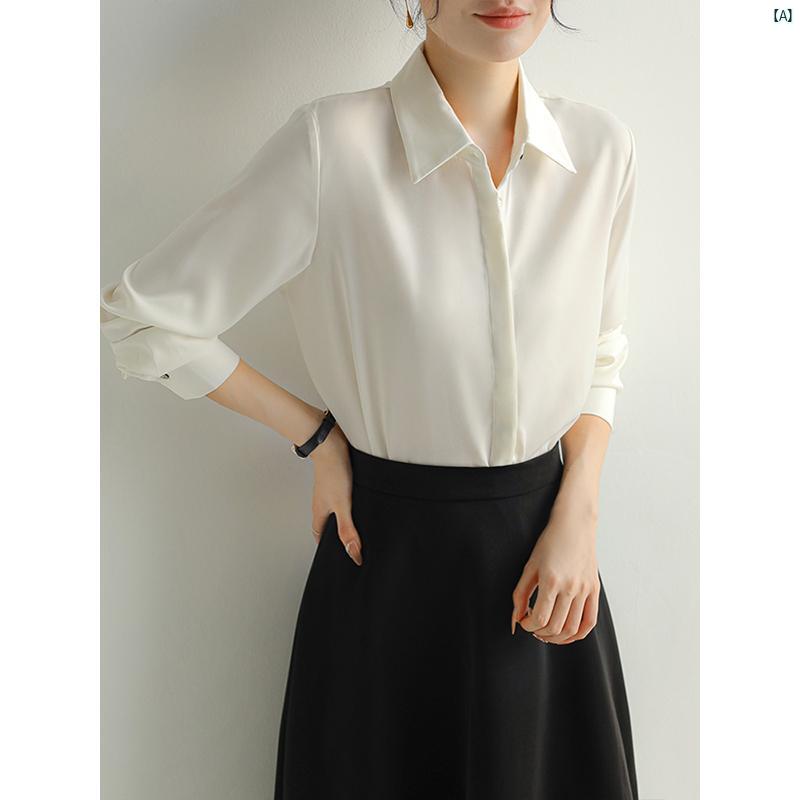 レディース ファッション　レディース　カジュアル　上品　綺麗　外出 フレンチ ダーク 前立て サテン 長袖 シャツ 秋冬 重ね着 面接 通勤 ホワイト