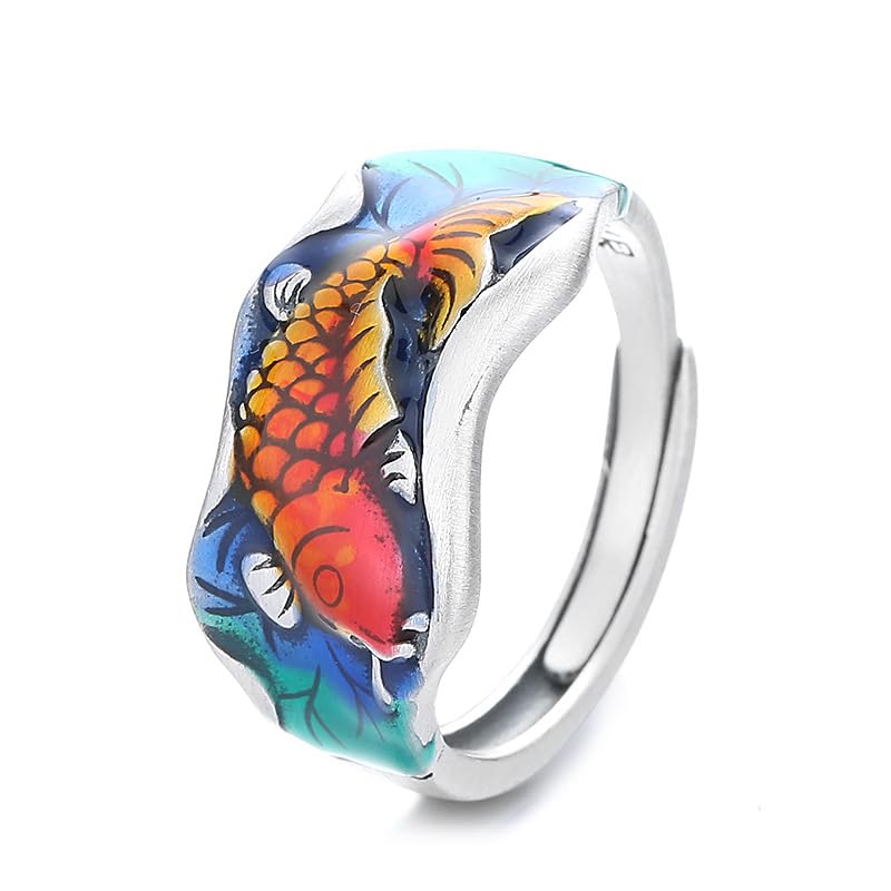 [Rockyu] 指輪 レディース 太め シルバー 925 錦鯉リング メンズ フリーサイズ お守り ハス アクセサリー ワイド 男女兼用 魚 開運 平安 誕生日 父の日 プレゼント