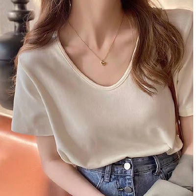 Tシャツ 半袖 綿 レディース Vネック 無地 夏服 レデ...のサムネイル