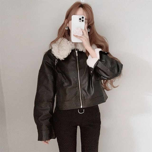 [全体ファー裏地/実物きれい] Vネックファー ボアフリース カラー ベーシック ショート 基本 ジップアップ レザー レザー ジャケット / 賀客ルック