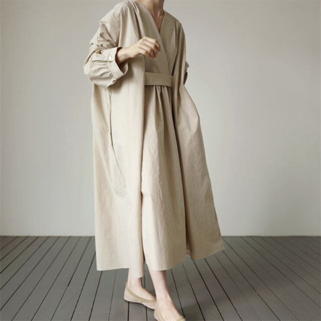 ワンピース ロング ドレス 大きいサイズ 春 長袖 フォーマル マキシワンピ レディース コットン カシュクール シンプル 無地 ベージュ 黒