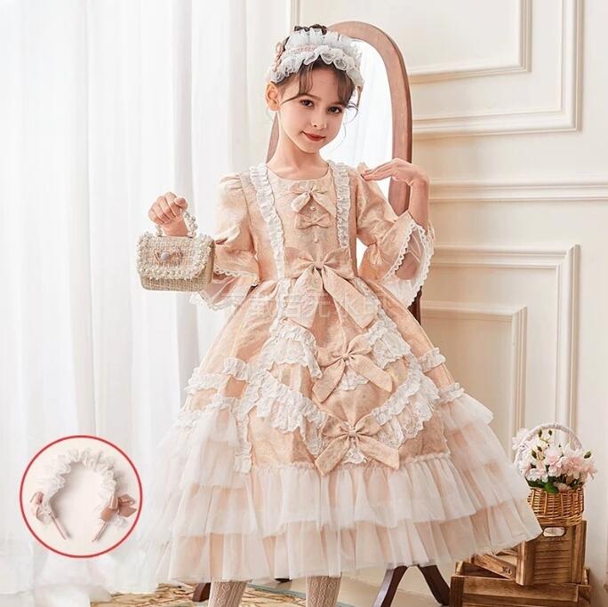 ハロウィン コスプレ 衣装 子供 メイド服 コスチューム 7分袖レースワンピース ロング丈 エプロンドレス リボン レース チュール 可愛い お姫様 コスプレ衣装 キッズ ジュニア ロング丈 オレンジ