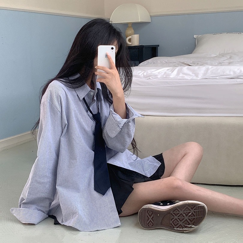 韓国の女性ファッション/ [2color] ボーイフィットストライプシャツ bs1148