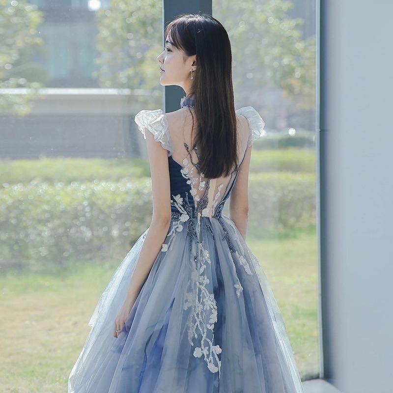 2024新品追加パーティドレス ブルー ワンピース 韓国ファッション ロングドレス 結婚式 誕生日 演奏会 花嫁 司会