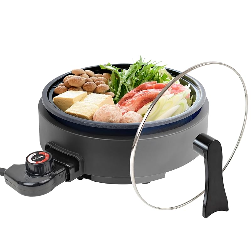 【即納】[山善] 電気鍋 グリル鍋 深鍋プレート 一人鍋 鍋直径21.9cm 深さ6cm 着脱式プレート 温度調節機能 保温機能 自立蓋 ガラス蓋 ブラック YGE-S100(B)