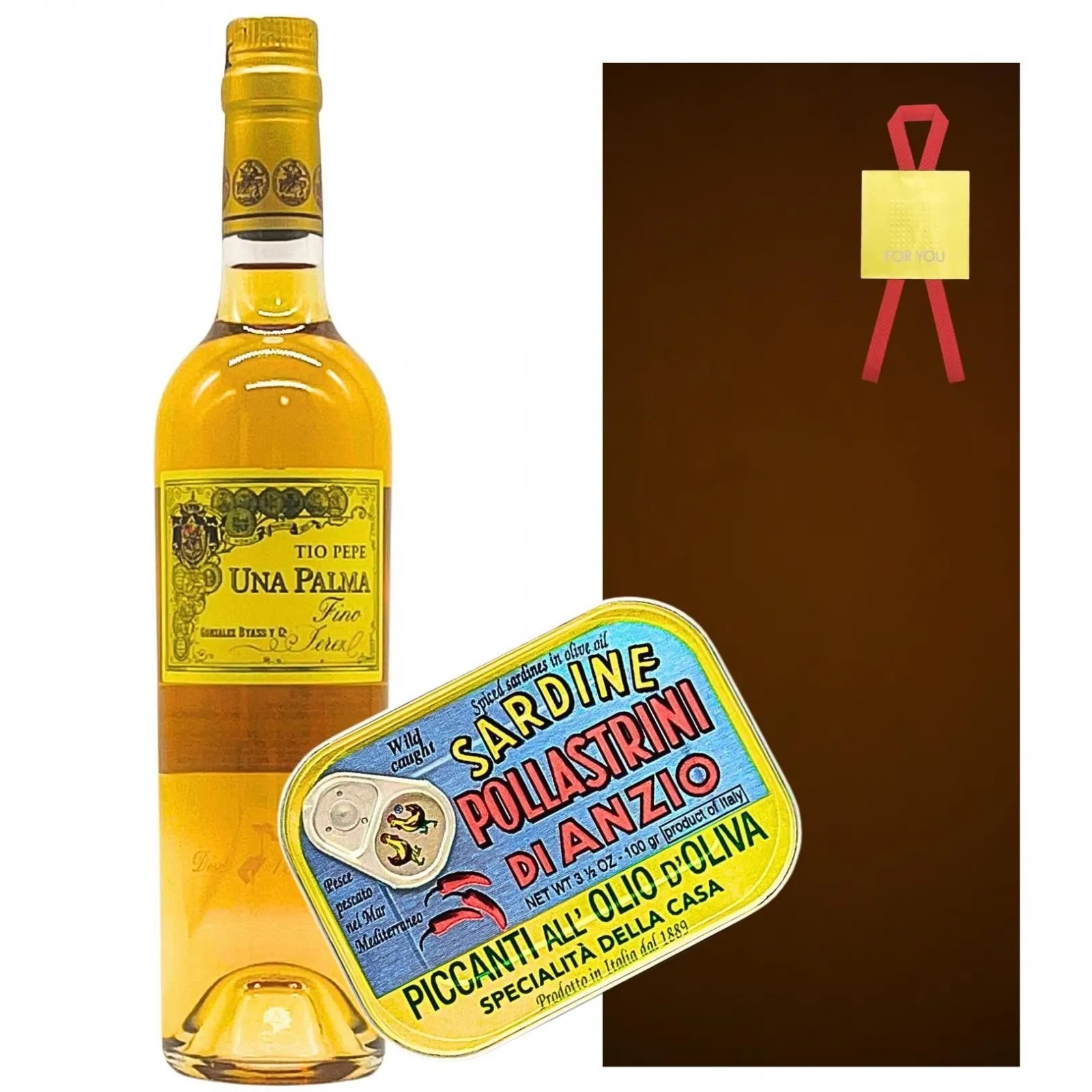 [ワインギフト] スペイン産 高級シェリー酒とこだわりのオイルサーディンのセット ギフト箱入り [ラッピング付] ウナ・パルマ＆レッドペッパーとオリーブオイルのサーディン