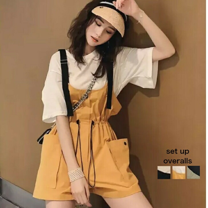 オーバーオール サロペット Tシャツ セットアップ 上下セット 中学生 高校生 学生 韓国 半ズボン 短パン 通学 レディース かわいい おしゃれ 10代 春 夏 秋 20代