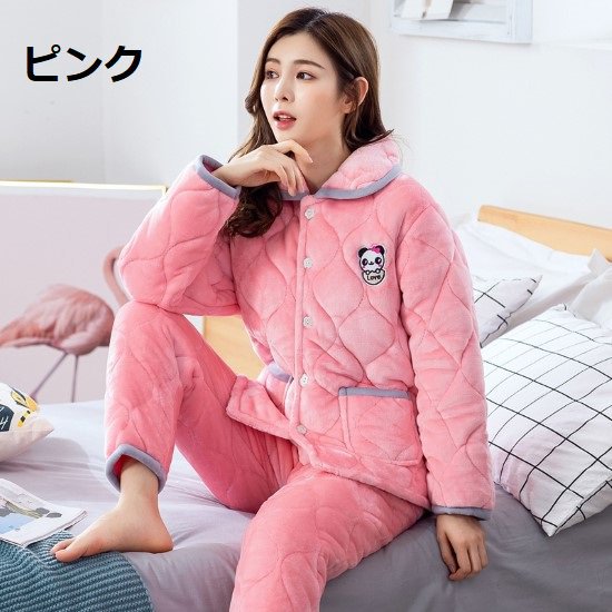 ルームウェア レディース パジャマ パンダ柄 ワンポイント アニマル 可愛い 厚手 冬 暖かい フランネル ポケット 前開き フロントボタン ホームウェア おうち服 ナイトウェア 部屋着 5,986円