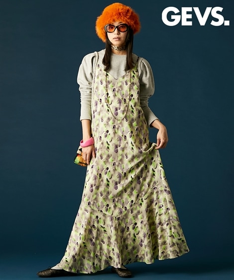 ロング・マキシ丈/半袖 プリントキャミソールワンピース 大きいサイズ有 GEVS.