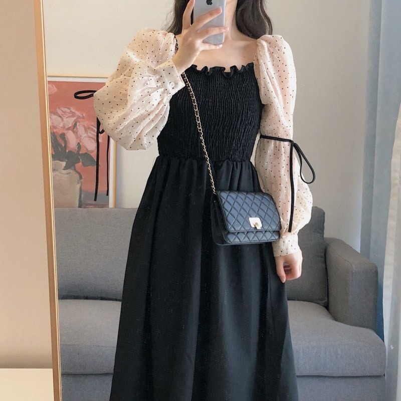 レディース ワンピース フレアワンピース ワンピドレス 膝下 ミディアム丈 袖あり 長袖 萌袖 スクエアネック フレア Aライン かわいい 大人可愛い きれいめ シンプル カジュアル