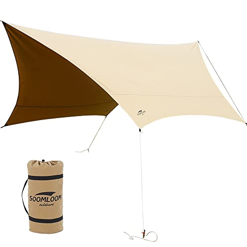 Soomloomヘキサタープ4.2ｍｘ4.1ｍ 焚き火可 ポリコットンTC ファイアプレイス 遮熱性/耐火性/耐水性優れ カーキ サンシェード アウトドア