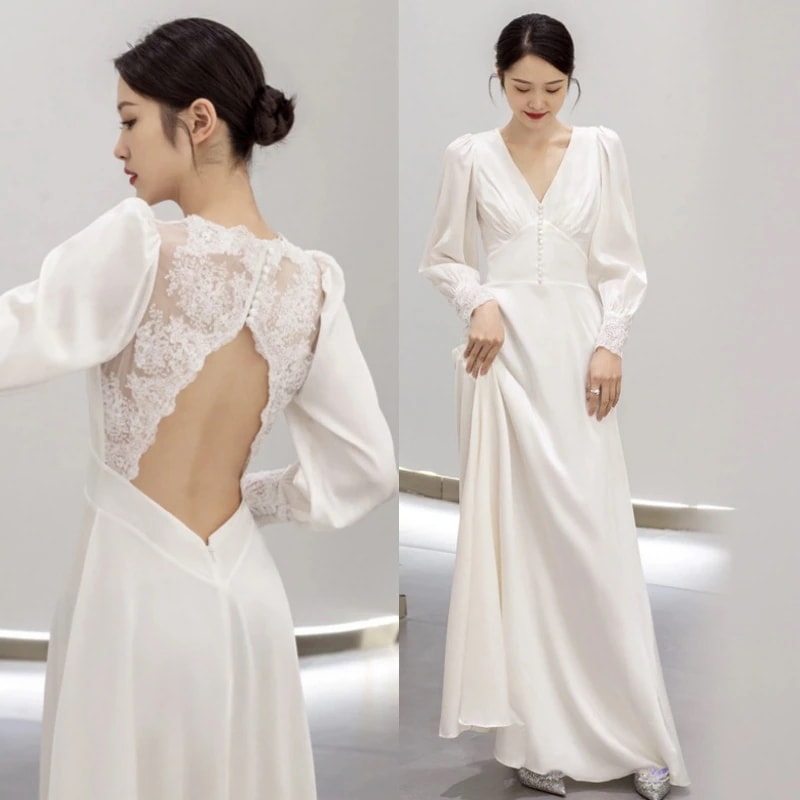 パーティードレス ワンピース ウェディングドレス 白 結婚式 ドレス 長袖 白 シンプル 無地 二次会 披露宴 露背 前撮り後撮り ビーチフォト花嫁ドレス オフショルダー 11,839円