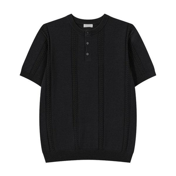 メンズプレミアムヘンリーネックラウンド半袖ニットTシャツ GN-KNH-Q012-ブラック