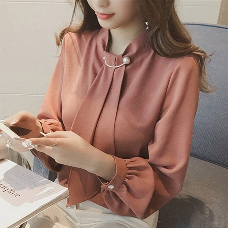パールボウタイブラウス トップス ブラウス 袖あり l ハイネック シフォン かわいい 大人可愛い きれいめ シンプル カジュアル 大人 上品 おしゃれ お洒落 大人可愛い 大人女子 こなれ感 ラ