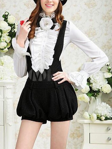 女性のための黒のフリルシックなコットンロンパース