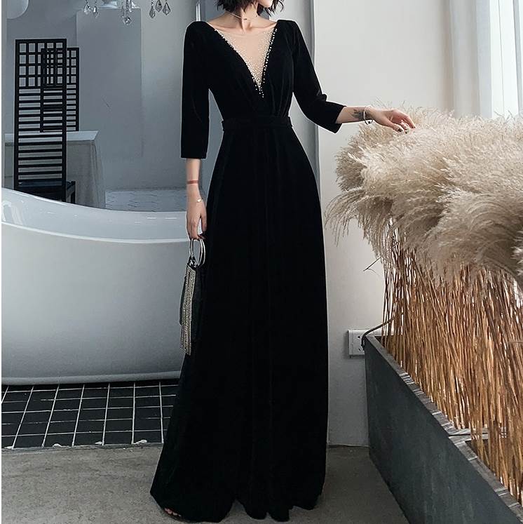 再入荷品ロング ドレス パーティードレス 個性的 黒 袖あり Vネック ビジュー パール 結婚式 二次会 お呼ばれ フォーマル 演奏会 ピアノ 発表会 ドレス 大人 かっこいい 装飾 シンプル きれい