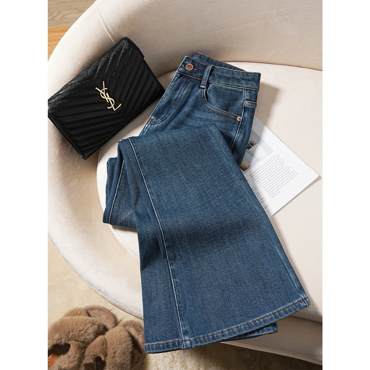 カットが最高！秋冬にぴったりの上質なフリース裏地付きジーンズ脚を美しく見せ小柄な体型の方でもスリムに見え少しフレアに仕上がっています(509)