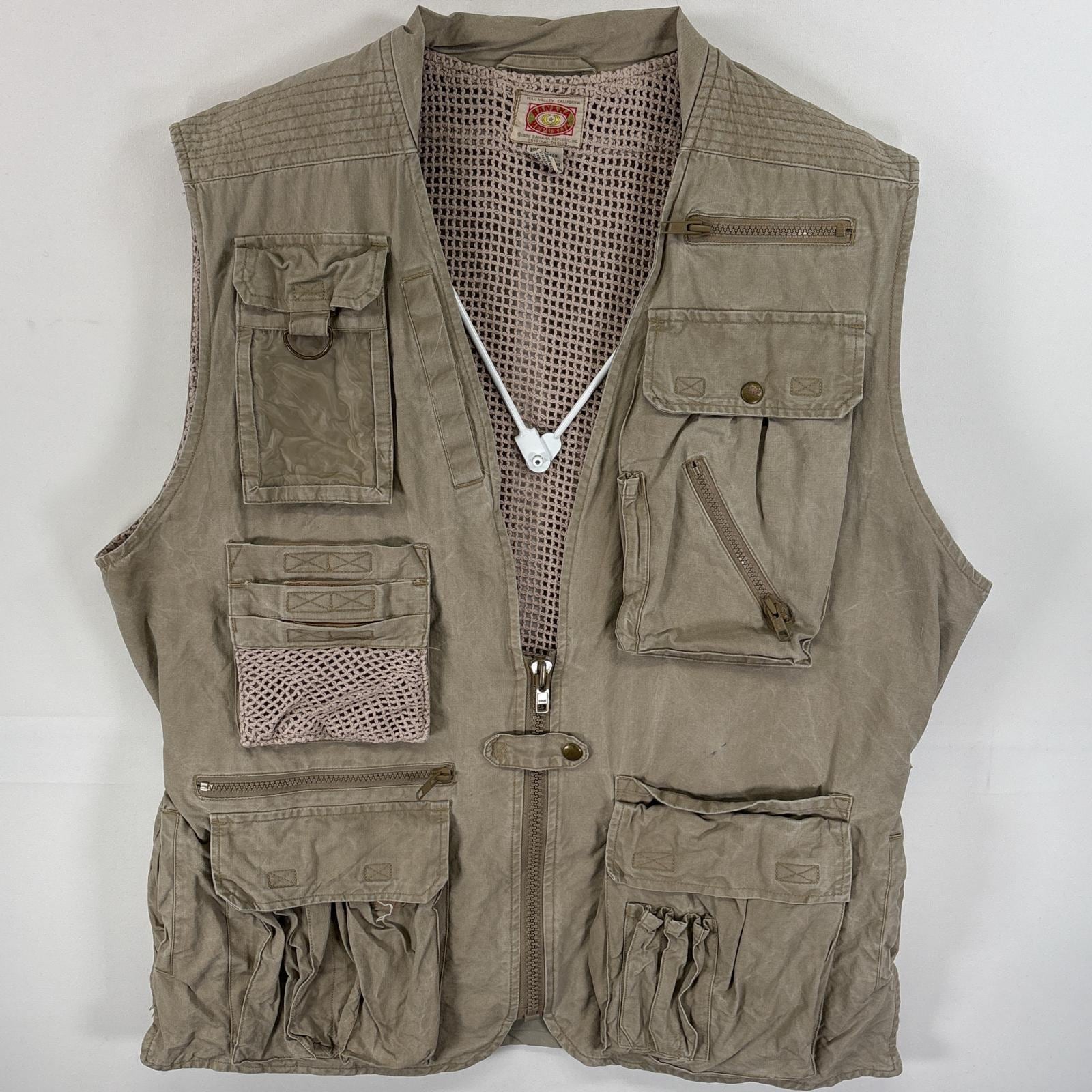 古着 80s/80年代 ヴィンテージ ベスト サファリベスト フラップポケ シースルー L ベージュ 無地 メンズ