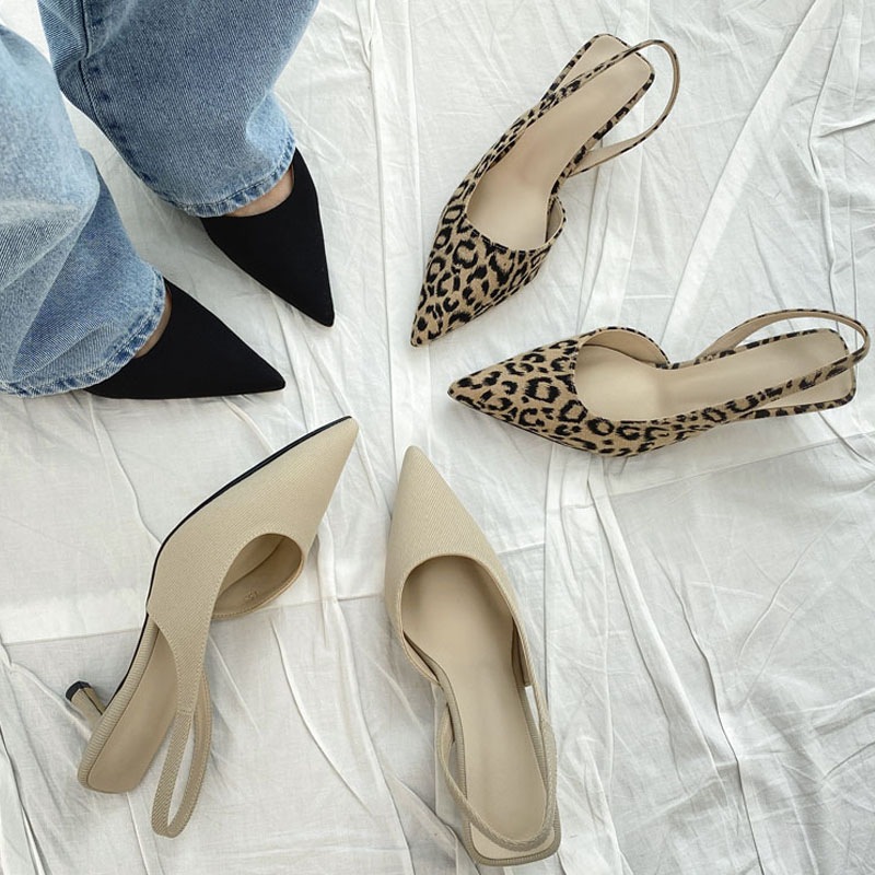 3color シンプル, ベーシックな ポインテッドトゥ バックストラップ付き 5.5cmヒール．ミドルヒール 無地．レオパード（ヒョウ柄） スリングバックパンプス 4,842円