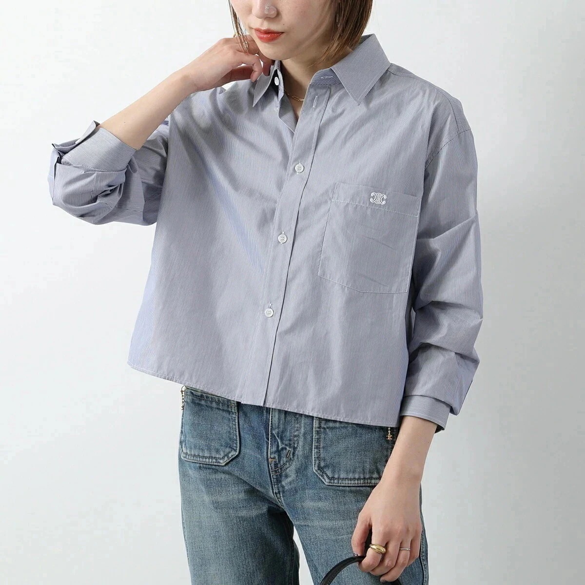 CELINE セリーヌ 長袖 シャツ 830W2C837.01NQ レディース ストライプ クロップド コットン シルク混 トリオンフ ロゴ刺繍