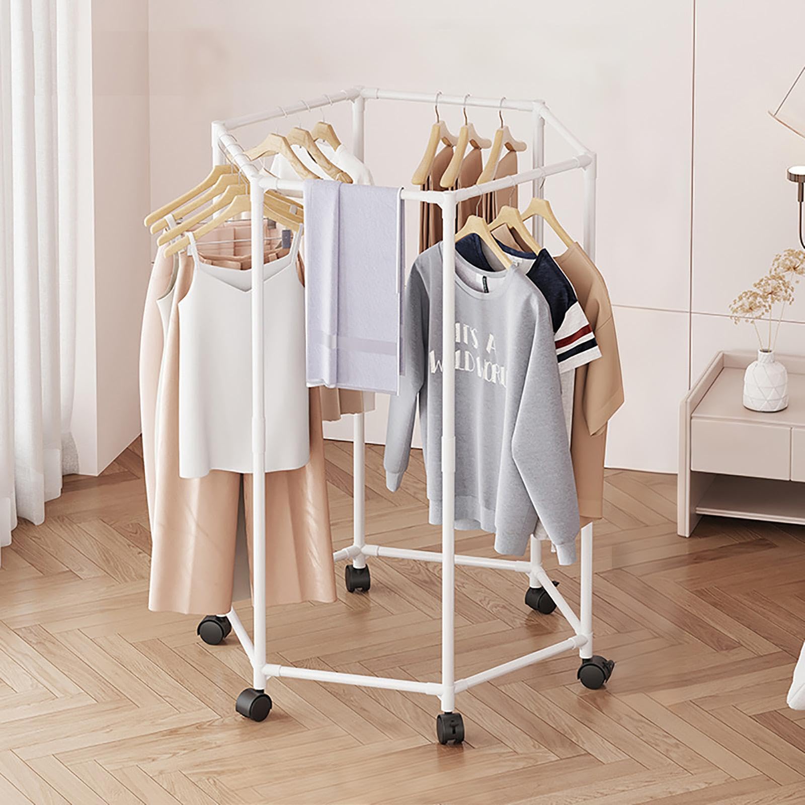 Tidy Space 回転式ハンガーラック 洗濯物干し 洋服ラック キャスター付き 360度回転 六角形 おしゃれ 省スペース 組み立て簡単 バルコニーリビングルーム小さなアパート賃貸住宅に適し