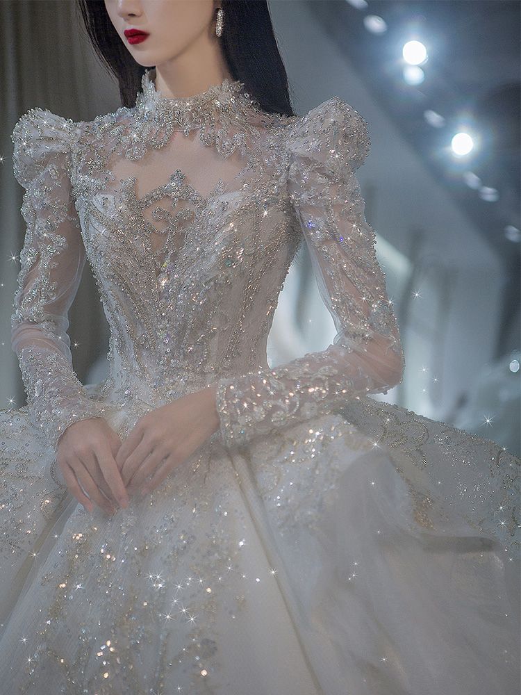 長袖メインウェディングドレス2025花嫁大テールハイエンド重工業小星空宮殿風冬