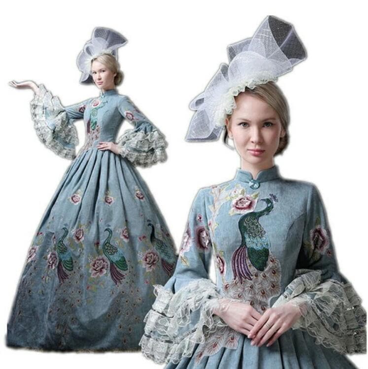 人気SALE 貴族ドレス+３層パニエ お姫様ドレス 貴族 ドレス クジャク刺繍 花柄 レース フレア袖 宮廷ドレス ヨーロッパ風 王族服 中世風ドレス 礼服 中世貴族風 ステージ演出服 演劇 ファスナ