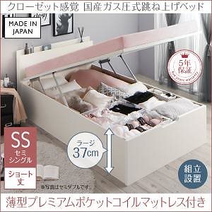 [組立設置付]クローゼット跳ね上げベッド [エマーブル] 薄型プレミアムポケットコイルマットレス付 縦開き セミシングル ショート丈 深さラージ [フレーム色]ホワイト [マットレス色]ホワイト
