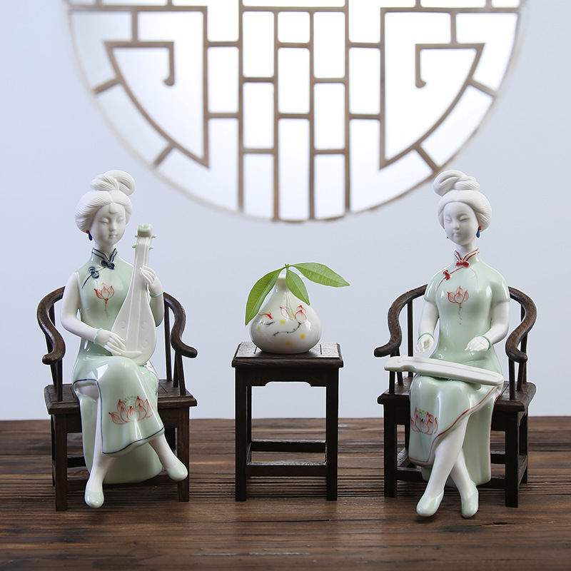 Ceramic Characters Ornaments Piano Chess Calligraphy And Painting Celadon Ladies Chinese Retro