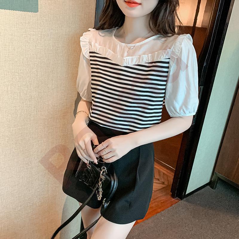 ブラウス レディース シャツ 五分袖 ゆるシャツ シマシャツ シンプル カジュアル レイヤード パフスリーブ お洒落 普段着 通勤