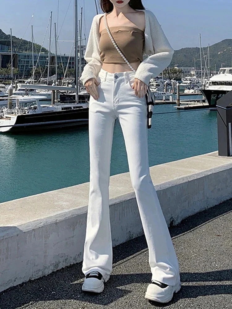 【1つ買うと1つ無料】25のレディース白ブーツカットジーンズ ハイウエストスリムパンツ 新唐フレアパンツ43