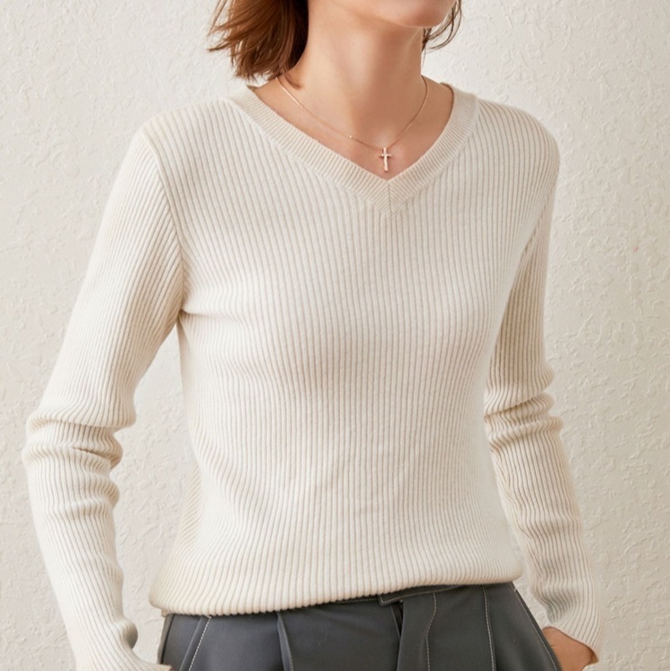 カラーバリエーション豊富 ニットトップス リブニットセーター カジュアルニットセーター トップス ニットソー セーター プルオーバー 白トップス 袖あり 長袖 萌袖 Vネック スリム タイト 細身