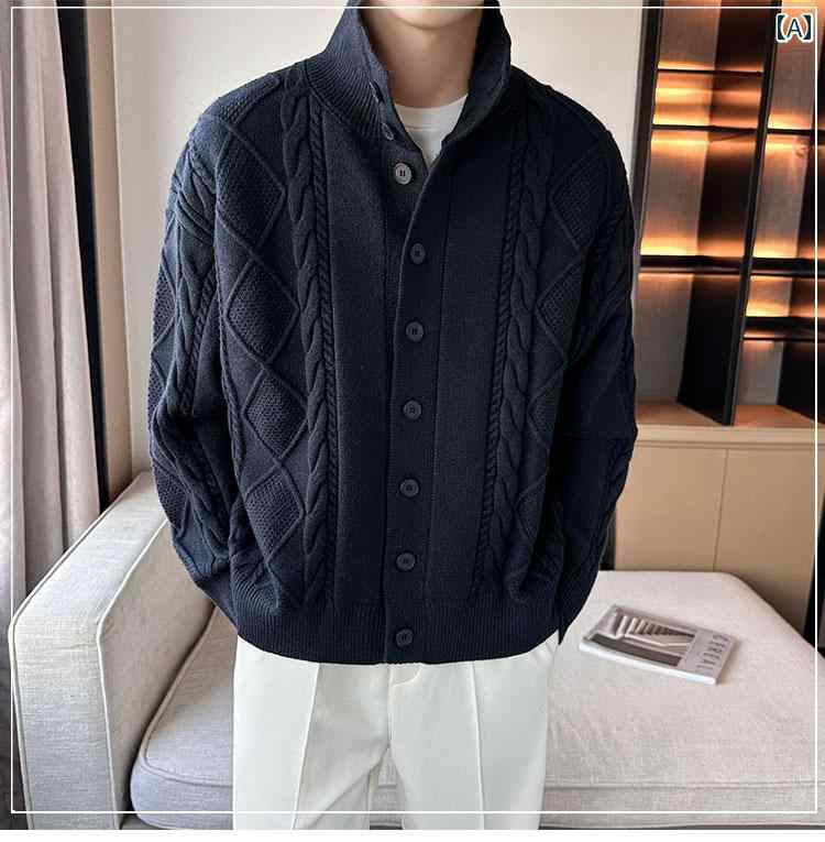 カーディガン メンズ セーター ニット 秋冬 ジャケット ケーブル 厚手 韓国 ハイネック ネイビー ベージュ ホワイト